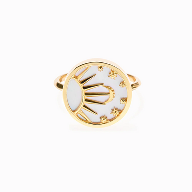 If you love the sky in all its incarnations, this incandescent mother of pearl ring featuring the sun, moon, and stars is a lovely piece to add to your collection to show your appreciation of the beautiful heavens. It will beautifully complement the Celestial Mother of Pearl Amulet Necklace 
Fulfilled by our friends at Awe Inspired 

*Please Note: 

This item is not eligible for returns 
This item cannot be shipped outside the U.S.
