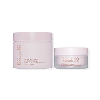 Overnight Facial Cleansing Balm is a genius, 3-in-1 cleansing balm that cleanses, exfoliates and tones in just one step. The Smooth Assist Overnight Facial Micellar Retexturizing Pads  that are a revolutionary way to clean, exfoliate and reveal dramatically smoother, softer, more luminous skin. This multi-acid, antioxidant cocktail of ingredients helps to resurface congested skin by lifting away makeup, debris, dead skin cells, overall improving the appearance of skin tone, texture, brightness, fine lines, wrinkles, and pores. $84 Value.   
 
This collection is not eligible for discount codes. 
Fulfilled by our friends at Doll 10 Beauty 
*Please Note: 

Rewards cannot be applied to this product
This item is not eligible for returns 
This item cannot be shipped outside the U.S.

 