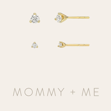Match your little one with our cute and dainty 3 Prong Diamond Studs. A perfect little touch of sparkle. Share the love for jewelry with this timeless set. (Sold as two pairs) 
Our pieces are all made with natural, solid gold, meaning they are hypoallergenic and safe for sensitive skin.  
Studs: 

Diamond Weight: Approx. 0.10ctw 

Width of Setting: Approx. 3mm

Mini Studs: 

Diamond Weight: Approx. 0.06ctw

Ships in 2-7 business days, rush orders ship in 1-4 business days.  Comes gift ready in a beautiful custom Zoe Lev jewelry box. 
These items are Final Sale.  
Fulfilled by our friends at Zoe Lev Jewelry 

*Please Note: 

This item is not eligible for returns 
This item cannot be shipped outside the U.S.
