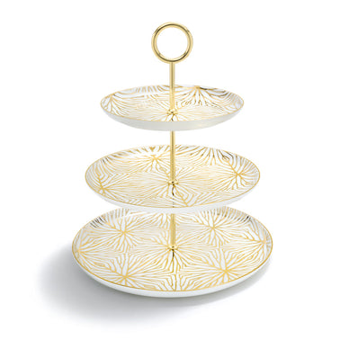 Our Lily Pad 3-tiered stand celebrates all the fun of entertaining, and helps your table to feel just like you. Created from porcelain and 24K gold, it displays macarons, berries, and even gluten-free sandwiches with the crusts cut off with ease. Its design is inspired by the organic branching of the Giant Lily Pad, a surprisingly delicate, yet strong, plant found in the Amazon. We designed this 3-tiered stand to bring happiness to your table, and joy to your entertaining. 

Porcelain with 24K Gold Detail
Imported
Assembly required
Hand wash with mild soap. 
12" x 12" x 13.5"

Fulfilled by our friends at ANNA NEW YORK 
*Please Note: 

Rewards cannot be applied to this product
This item is not eligible for returns 
This item cannot be shipped outside the U.S.

