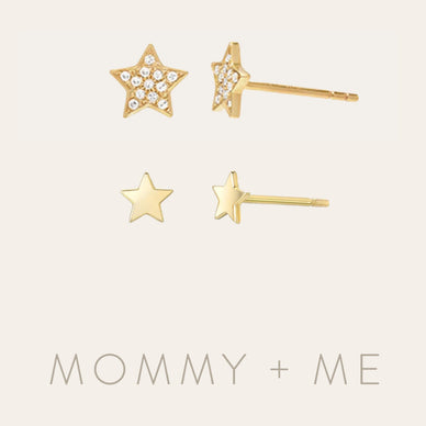 A star studded match with your little one with our cute and dainty Diamond Star Studs and 14k Gold Mini Star Studs. Share the love for jewelry with this timeless set. (Sold as two pairs) 
Our pieces are all made with natural, solid gold, meaning they are hypoallergenic and safe for sensitive skin.  
Studs: 

Diamond Weight: Approx. 0.08ctw 

Width of Star: Approx. 7mm

Mini Studs: 

Size of star: Approx. 3mm

Ships in 2-7 business days, rush orders ship in 1-4 business days.  Comes gift ready in a beautiful custom Zoe Lev jewelry box. 
These items are Final Sale.  
Fulfilled by our friends at Zoe Lev Jewelry 

*Please Note: 

This item is not eligible for returns 
This item cannot be shipped outside the U.S.
