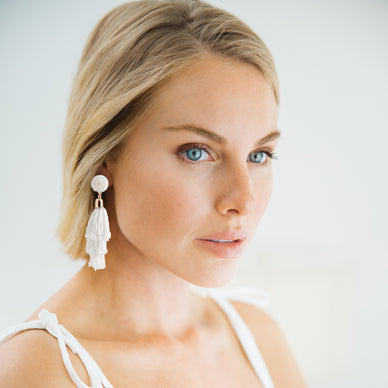 Spice up any summer look with these statement earrings in brilliant white. Perfect for virtual happy hours with friends or date nights in.  

3" length 

White iridescent glass beads and silk thread
Made in India

*Please Note: 

Rewards cannot be applied to this product

This item is not eligible for returns 

