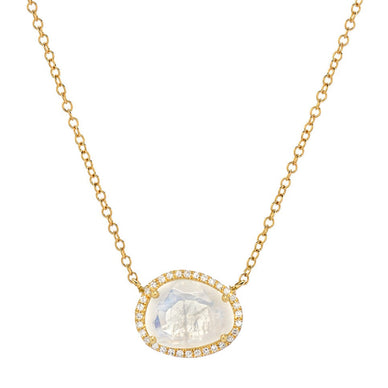 14k solid gold, pave diamond, and a beautifully handpicked free form moonstone, available in yellow, white and rose gold, hanging from a 16''-18'' adjustable chain. Timeless and perfectly handcrafted, wear it up or down, by itself or layered. 

Size of Moonstone: Approx. 12mm(W) by 11mm(H)
Diamond Carat Weight: Approx. 0.08(ct. tw)
Diamond Quality: VS
Total Weight: Approx. 2 grams
Ships in 4-8 business day
Rush orders ship in 2-5 business days
Due to the nature of this item all stones may vary in color and inclusions making each piece a one of a kind

Comes gift ready in a custom Zoe Lev jewelry box. 
*Eligible for return, per our policy. See here for details. 
Ships separately from our friends at Zoe Lev Jewelry 
* This product cannot be shipped outside of the U.S. 

Please Note: Rewards cannot be applied to this product 