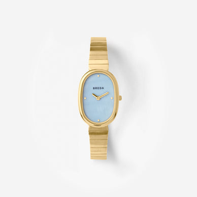 Inspired by days spent in the sun by the water and followed by evenings of indulgence. The Jane carries a delicate 23mm oval case, sky blue mother of pearl dial and gold-plated stainless steel bracelet that fastens with a jewelry clasp. An effortlessly elegant and classic style. 
Fulfilled by our friends at BREDA 
*This product cannot be shipped outside of the U.S. 

Please Note: Rewards cannot be applied to this product 