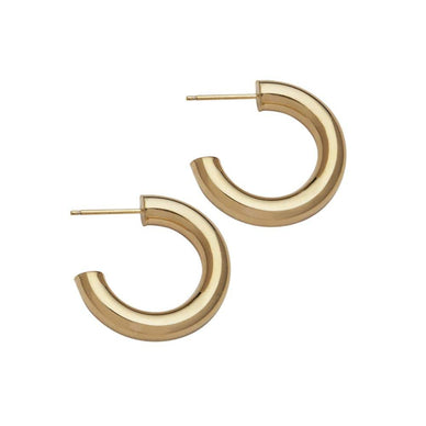 These classic 1" hoops are cast in various shiny metal options with a thick tubular silhouette for the ultimate in versatility.   
An everyday earring essential sized perfectly to pair with your favorite top, whether it’s a high or low neckline.  
- 14k yellow gold; 14k yellow or rose gold-plated silver; sterling silver- 1" diameter- Approximate thickness: 5mm- Approximate weight: 2.70 grams- Post back 
Ships separately from our friends at Jennifer Zeuner 
**Must order by 12/17 to guarantee delivery prior to 12/24 

Please Note: Rewards cannot be applied to this product 
