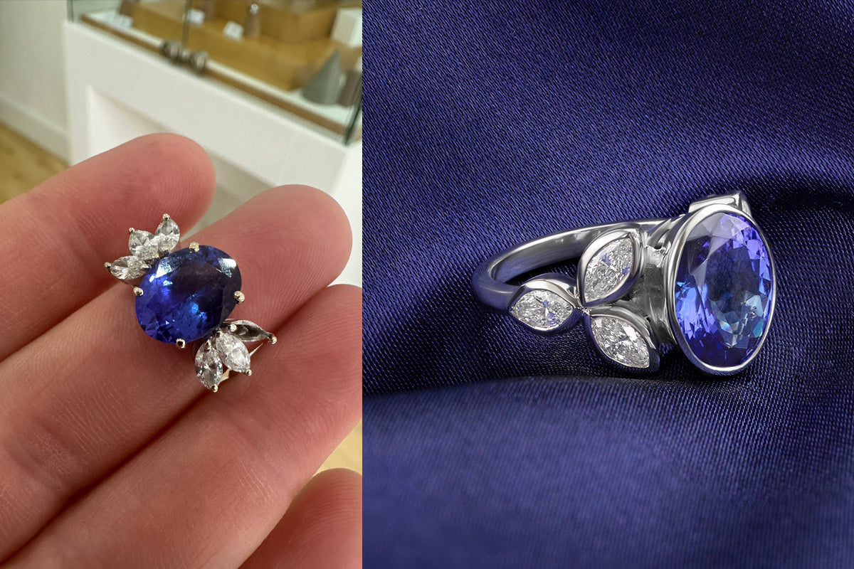 Remodelled Sapphire and Marquise ring designed to provide more security for the settings