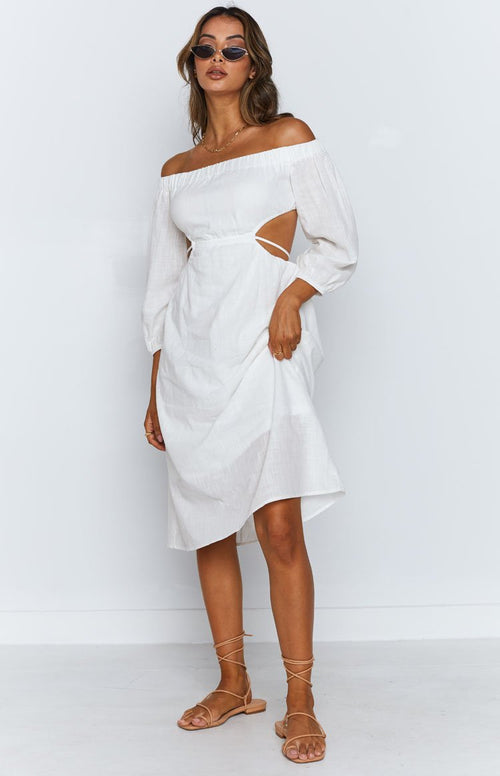 white off the shoulder linen dress