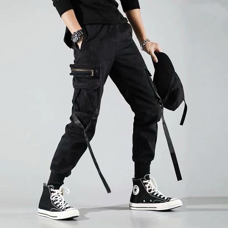 Multi-pocket Ribbons Man Sweatpants Streetwear Casual Pants Elastic w ...