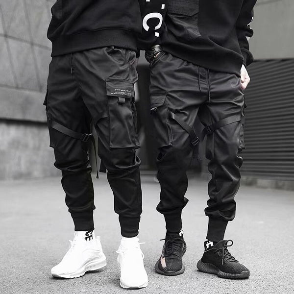 Multi-pocket Ribbons Man Sweatpants Streetwear Casual Pants Elastic w ...