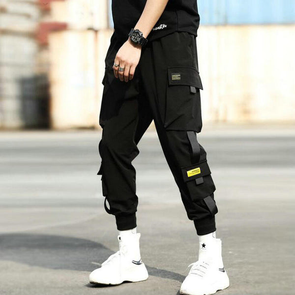 Multi-pocket Ribbons Man Sweatpants Streetwear Casual Pants Elastic w ...