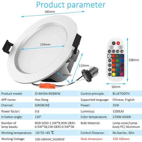 RGB LED Downlight - Waterproof Recessed LED Light with Remote - 8 Watt - RGB