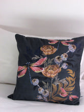 Load image into Gallery viewer, Indigo blue &#39;Dragonfly&#39; Cushion with poppy seed heads, made from Vegan Suede