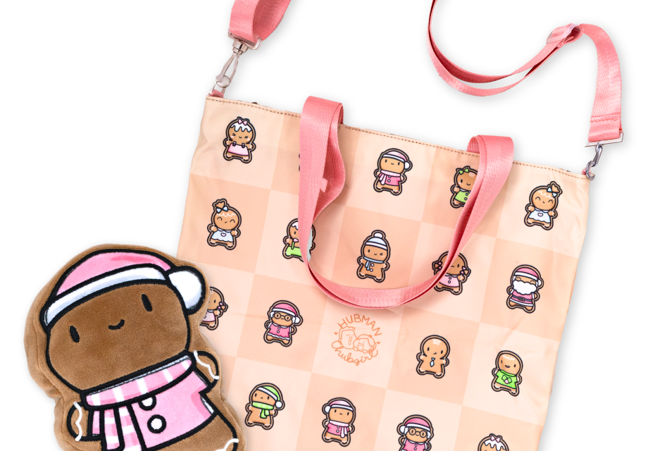 Cute gingerbread-themed tote bag with a matching gingerbread plush toy wearing a pink hat and scarf.