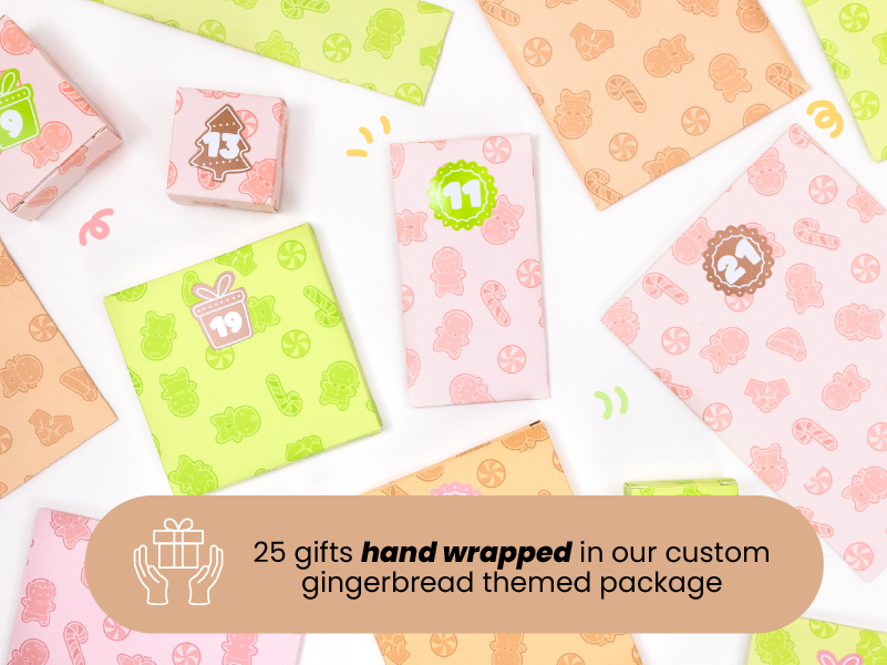 Assorted hand-wrapped gifts in colorful gingerbread-themed paper with numbered labels.