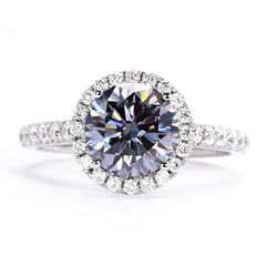 Seina Round Blue Grey Moissanite with Halo in Pave Band Ring in 18K gold