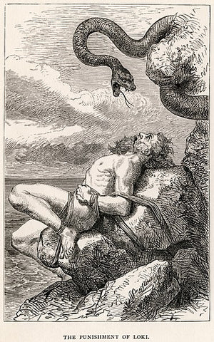 Loki bound to a rock, a serpent above him: "The Punishment of Loki" by Louis Huard, 1891--The Viking Dragon