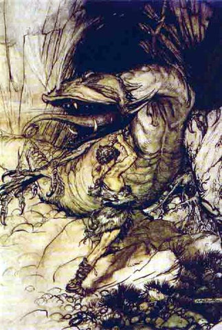 Sigurd with his sword in Fafnir's breast; 1911 illustrastion by Arthur Rackham vi Wikimedia --Viking Dragon Blogs