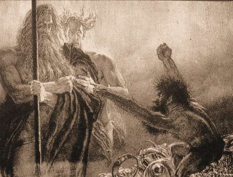 The dwarf Andvari standing on a pile of treasure, arms outflung, raging at the gods Odin and Loki: "Odin, Loki et Andvari" by F. von Stassen --Viking Dragon Blogs