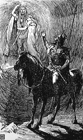 Balder, embraced by Nanna, waves to Hermod, who is riding away: "Hermod’s Farewell to Baldur,” George Percy Jacomb-Hood, 1893--Viking Dragon Blogs