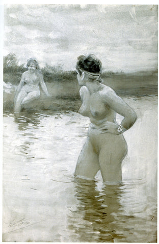 Brynhild and Gudrun quarrel while bathing in the stream: retrieved from https://upload.wikimedia.org/wikipedia/commons/6/6c/Brynhild_och_Gudrun_by_Anders_Zorn.jpg--Viking Dragon Blogs