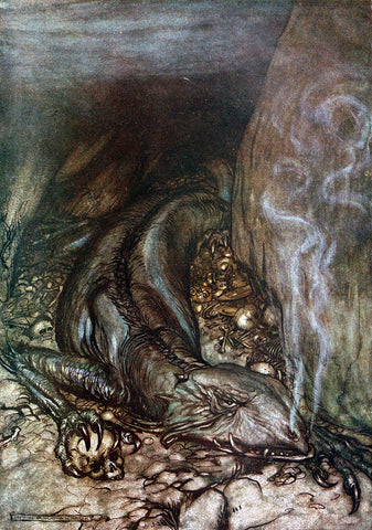 Fafnir in a crevice between rocks, crouched over gold and human bones, breathing smoke; 1911 illustration by Arthur Rackham, retrieved from Wikipedia (https://en.wikipedia.org/wiki/Fafnir#/media/File:Siegfried_and_the_Twilight_of_the_Gods_p_022.jpg)--Viking Dragon Blogs