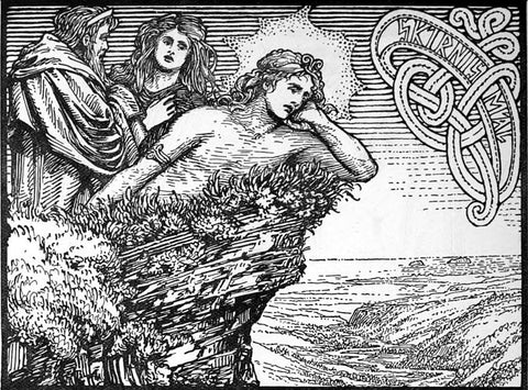 Frey liegt traurig am Meeresufer, seine besorgten Eltern stehen über ihm: „The Lovesickness of Frey“ von W.G. Collingwood, 1908, abgerufen von https://en.wikipedia.org/wiki/Freyr#/media/File:The_Lovesickness_of_Frey.jpg--Viking Dragon Blogs