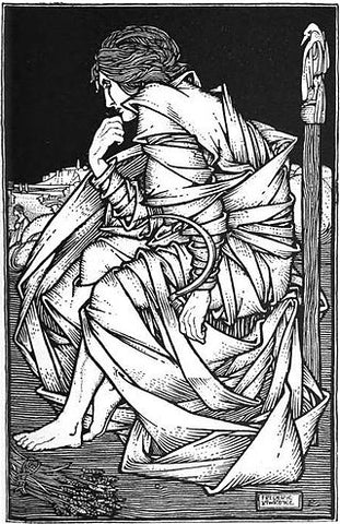 Frey sitting on Hlithskjalf, pensive; illustration by Frederic Lawrence, 1908, from https://en.wikipedia.org/wiki/Freyr#/media/File:Frey_had_seated_himself_on_the_throne_of_Odin.jpg --Viking Dragon Blogs