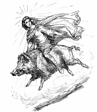 Frey, mounted on the golden boar Gullinbursti; 1874 drawing by Alexander Murphy retrieved from https://commons.wikimedia.org/wiki/File:Freyr_riding_Gullinbursti.jpg--Viking Dragon Blogs