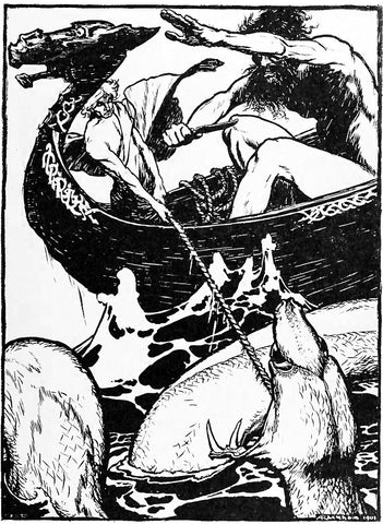 Hymir eilt herbei, um Thors Angelschnur zu durchtrennen; Illustration von Arthur Rackham aus dem Jahr 1901, abgerufen von https://fi.wikipedia.org/wiki/Hymir#/media/Tiedosto:Hymir_rushed_forward_and_cut_through_the_line.jpg – Viking Dragon Blogs