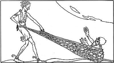 Loki hält ein Fischernetz, in dem der Zwergenmensch Andvari gefangen ist: Willy Poganys Illustration für Padraic Colums Buch „Die Kinder Odins“ aus dem Jahr 1917 – Viking Dragon Blogs