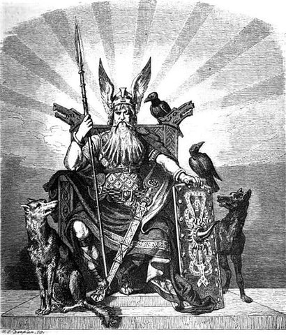 Odin on his Throne with Huginn and muninn above and geri and freki below - The Viking Dragon Blog