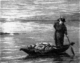 Fährmann und Leiche in einem kleinen Boot auf dem Wasser. „Odin mit Sinfjotlis Leiche“, Illustration von 1897 aus dem schwedischen Teil der Lieder-Edda, https://en.wikipedia.org/wiki/Sinfj%C3%B6tli#/media/File:Ed0030.jpg--Viking Dragon Blogs