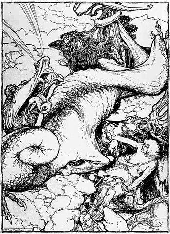 Sigurd kills Fafnir (Arthur Rackham via Wikimedia)--Viking Dragon Blogs