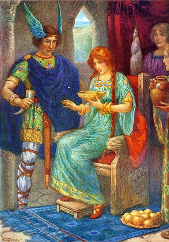 Gerda enthroned, with Skirnir standing by her--"Skyrnir and Gerda - Illustration by Harry George Theaker, 1920, retrieved from https://en.m.wikipedia.org/wiki/Ger%C3%B0r#/media/File%3ASkyrnir_and_Gerda_by_Harry_George_Theaker_1920.jpg--Viking Dragon Blogs