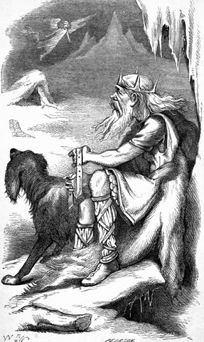 Old giant with crown, axe, and hound; "The King of the Frost-Giants" retrieved from https://upload.wikimedia.org/wikipedia/commons/3/3c/The_King_of_the_Frost-Giants.jpg--Viking Dragon Blogs