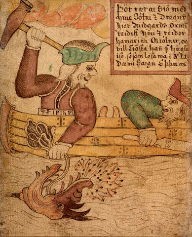 Thor pulling on the Serpent and raising his hammer; Hymir looking terrified. From the 18th century Icelandic manuscript SÁM 66 in the care of the Árni Magnússon Institute in Iceland, retrieved from https://commons.wikimedia.org/wiki/File:Thor_and_Hymir.jpg --Vking Dragon Blogs