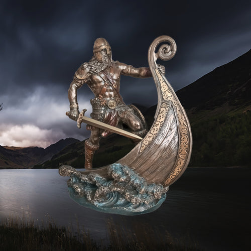 Hand-Painted Large Statue of a Norse Warrior Leader in Solid Resin, with Sword, Shield & Ship