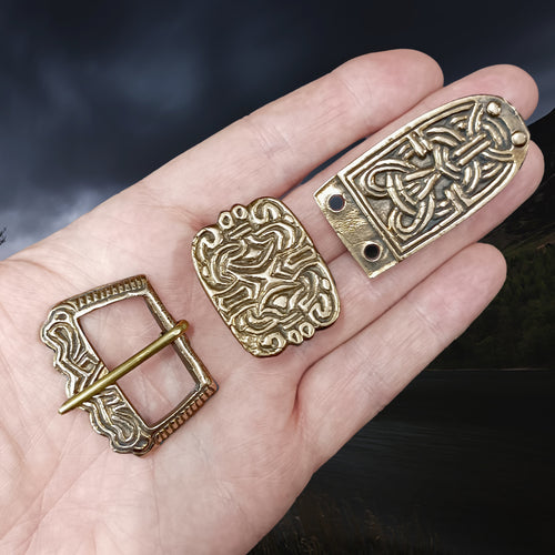 Replica Viking Buckle, Strap End & Slider in Solid Bronze in the Norwegian Borre Style on Hand
