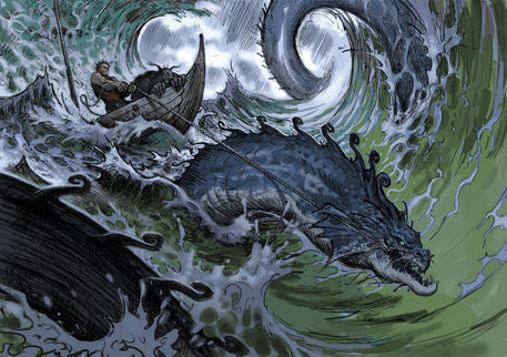 Thor and Hymir being pulled through the wild waves by Jormungand, retrieved from https://4.bp.blogspot.com/-3yvOWiYzOZc/WDsNK7mu3JI/AAAAAAAAA6U/7rdRpG3g0GULwOZDgRmBstPydfT7ZkpOwCEw/s1600/thor-fishing.jpg--Viking Dragon Blogs