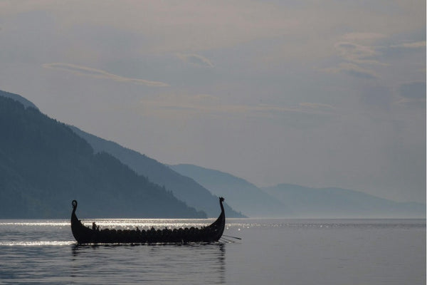 Silhouette eines Wikinger-Langschiffs verlässt die Fjorde Norwegens - The Viking Dragon Blog