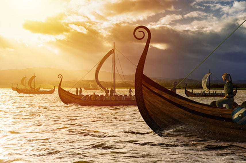 Viking Longships on the Sea - Sunset