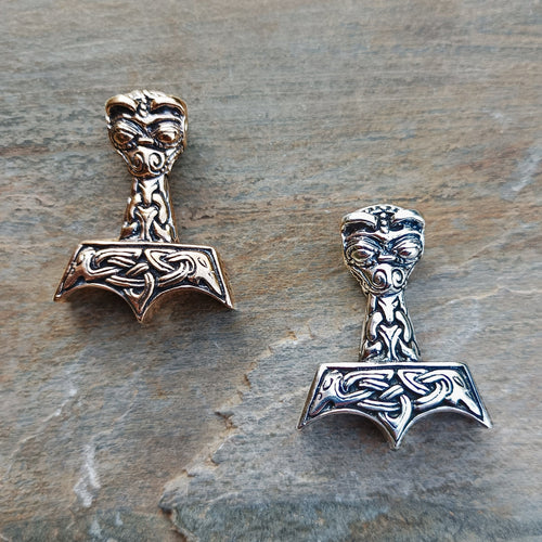 Ferocious Beast Thors Hammer Pendants on Rock - Bronze and Silver