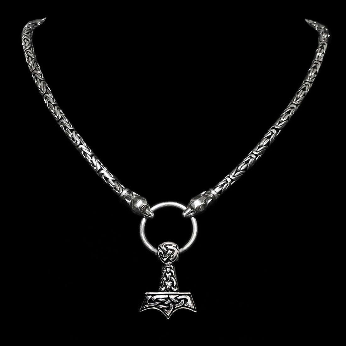 5mm Silver King Chain Thors Hammer Necklace with Ferocious Wolf Heads