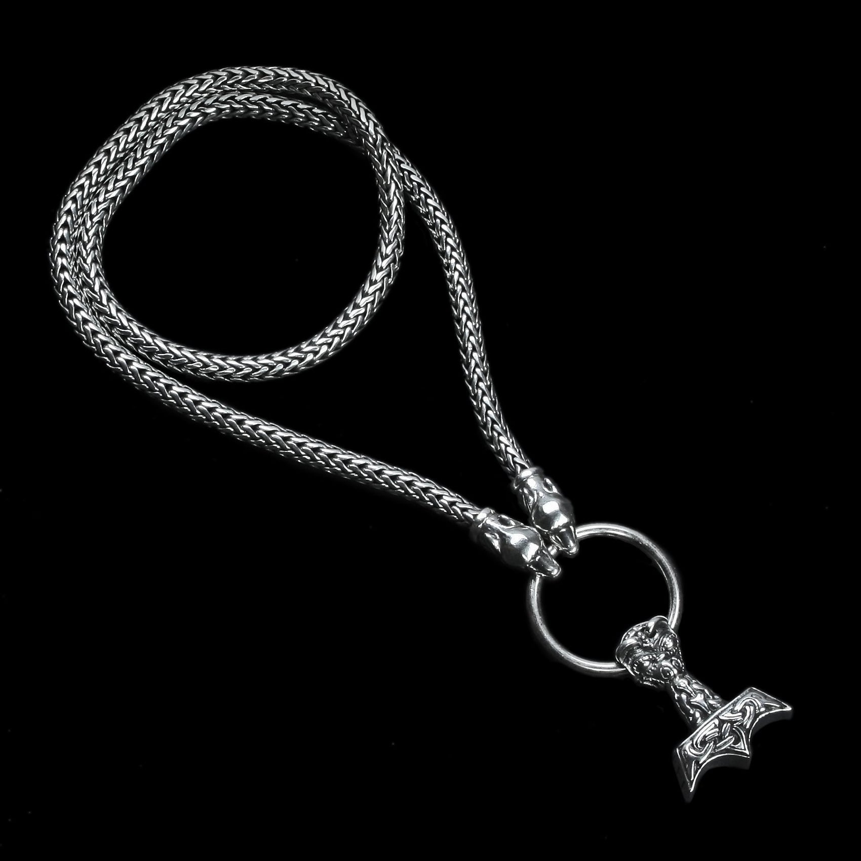 5mm Thick Silver Thor's Hammer Viking Necklace with Wolf Heads