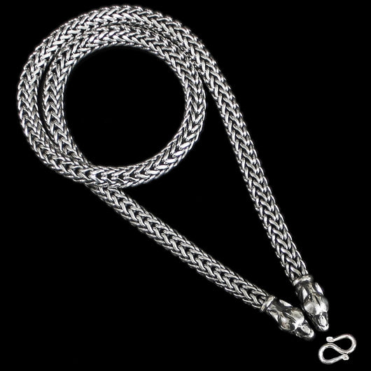 8mm Silver Snake Thors Hammer Necklace - Ferocious Wolf Heads