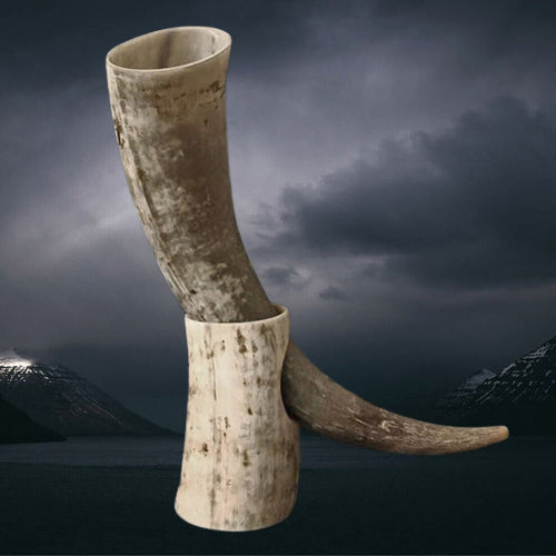 Rustic Viking Drinking Horn With Horn Stand on Dark Coast Background