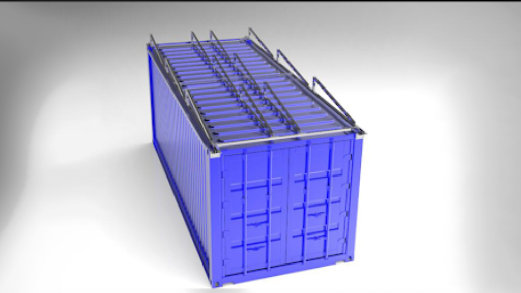 A Unistrut frame for solar panels on the roof of a container