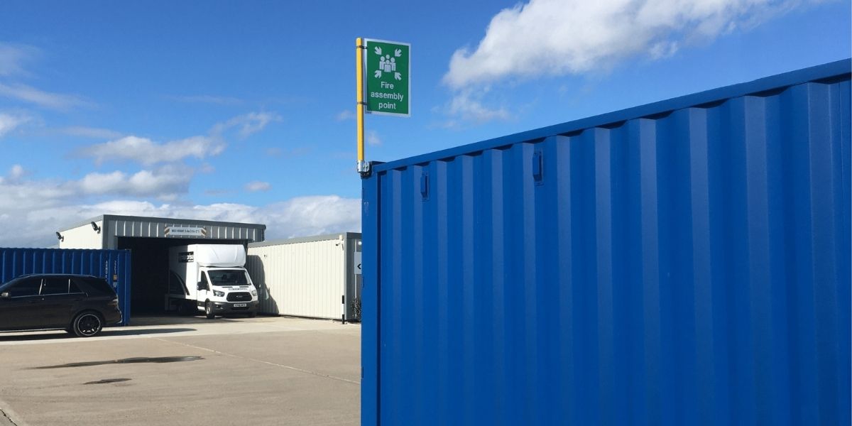 Fire safety sign on a shipping container