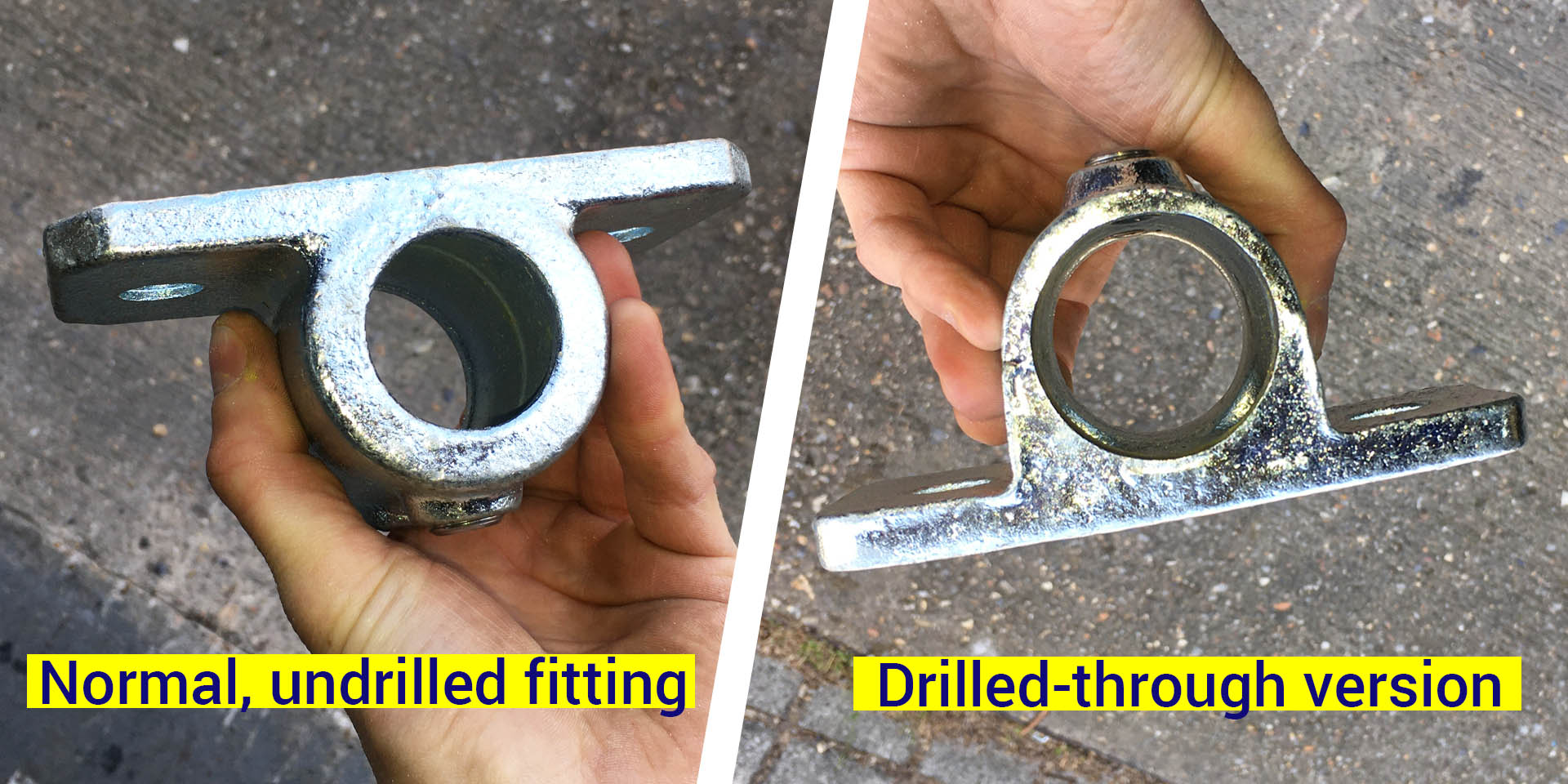 Comparing a normal undrilled tube clamp with a bored through version
