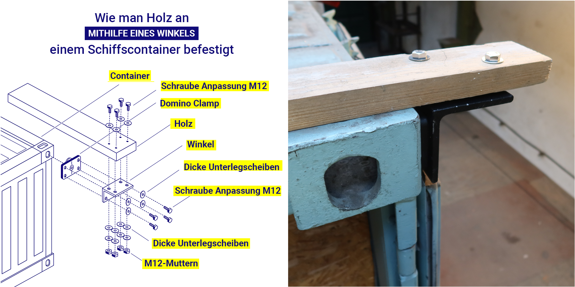 Holz am Schiffscontainer direkt mit Domino Clamps Winkel  befestigen